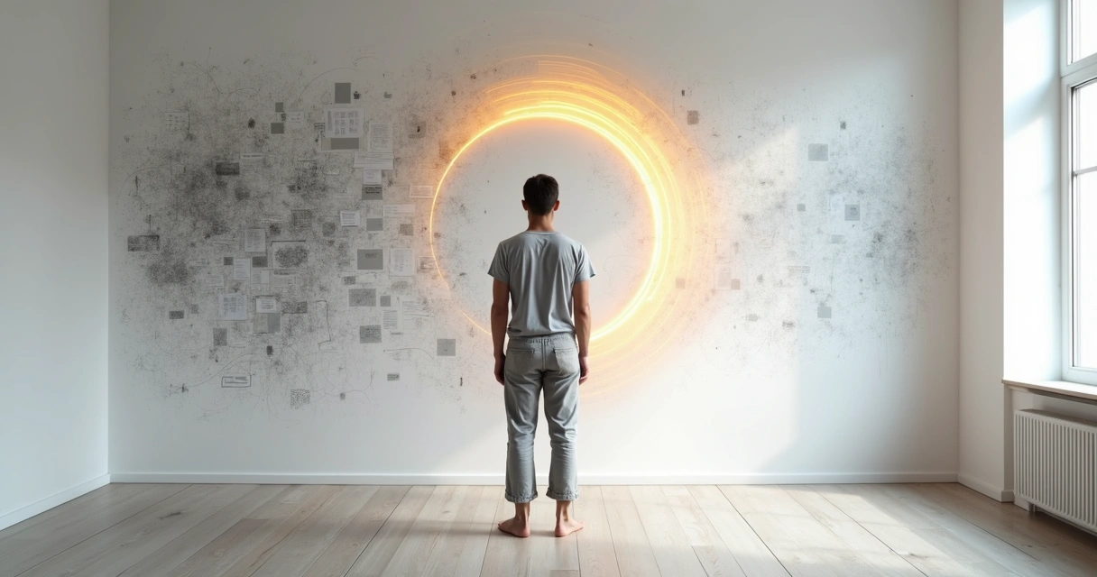 Pessoa em pé diante de mural com rabiscos caóticos se transformando em espiral luminosa de foco 
