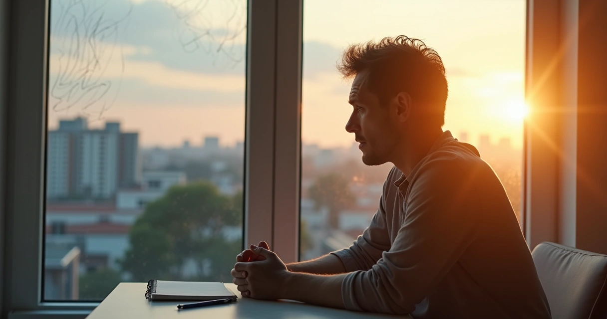 Pessoa em silêncio olhando pela janela com metade do rosto na sombra e metade na luz 
