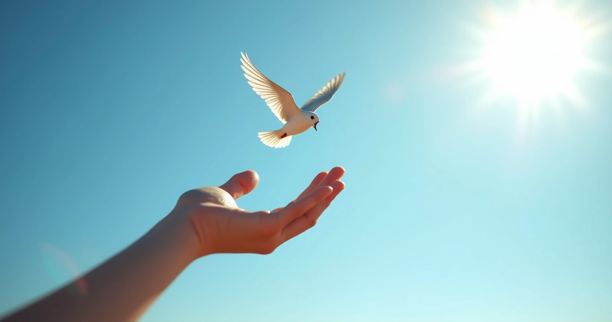 Pessoa abrindo a mão, soltando um pequeno pássaro livre contra o céu claro.