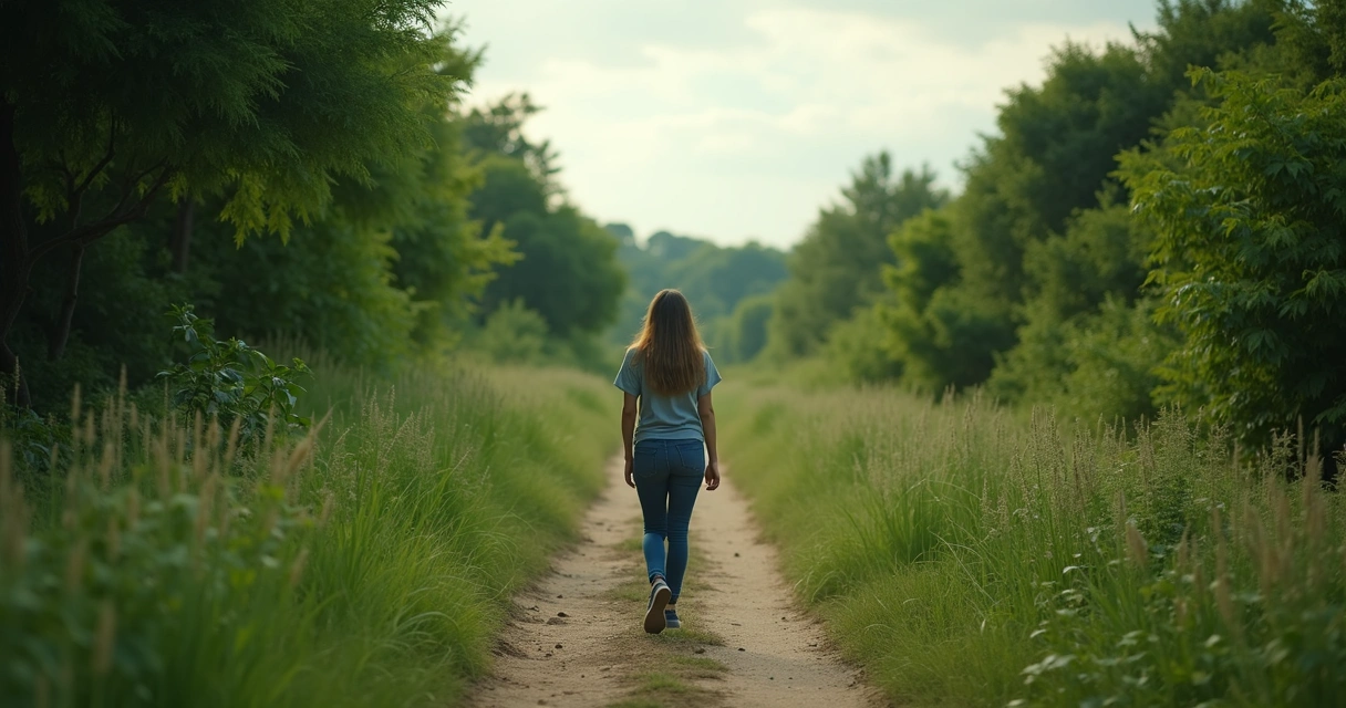 Pessoa caminhando em um caminho estreito, cercado por natureza, simbolizando jornada interna de transformação