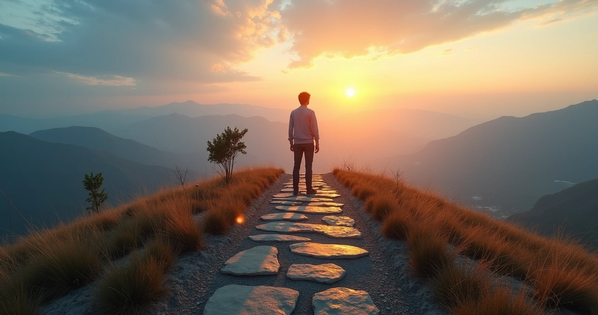 Pessoa em encruzilhada entre caminho escuro e caminho iluminado 