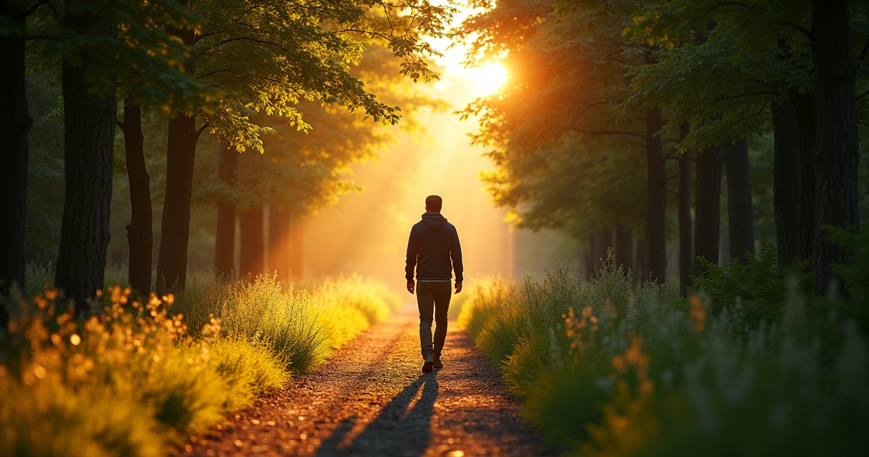 Pessoa caminhando em um trajeto com luz ao fundo.