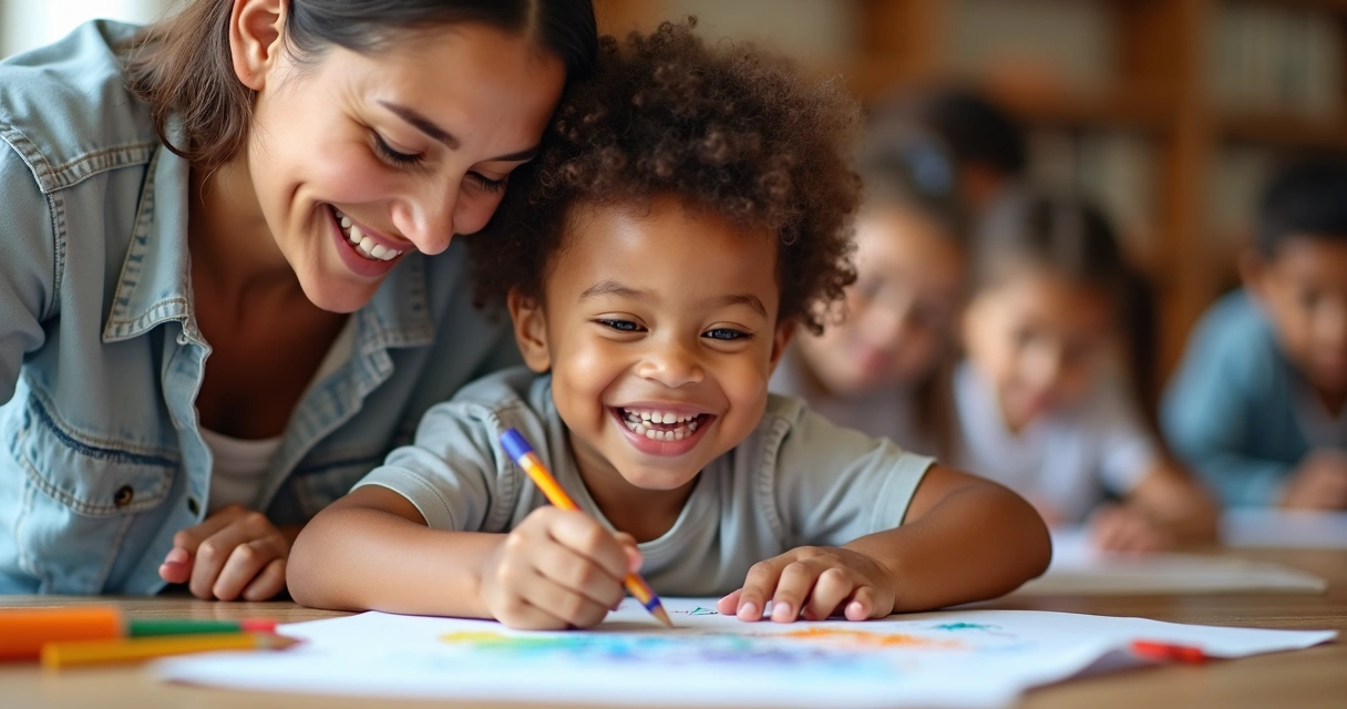 Criança recebendo atenção de um adulto em projeto social, ambos sorrindo