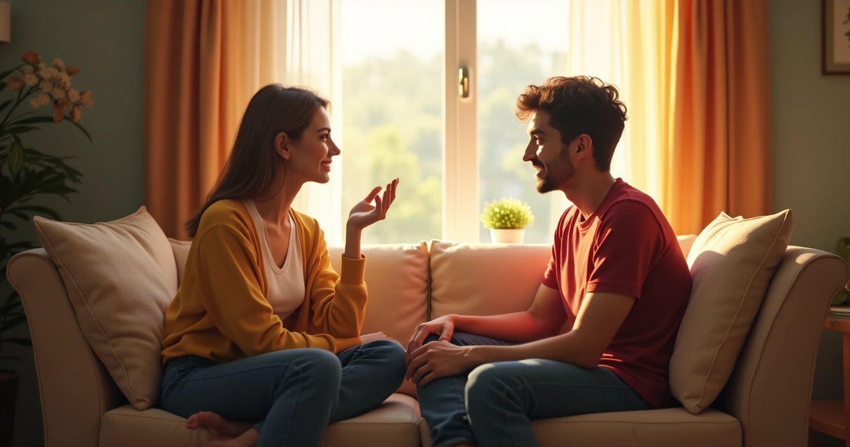 Duas pessoas conversam de forma acolhedora sentadas em uma sala 