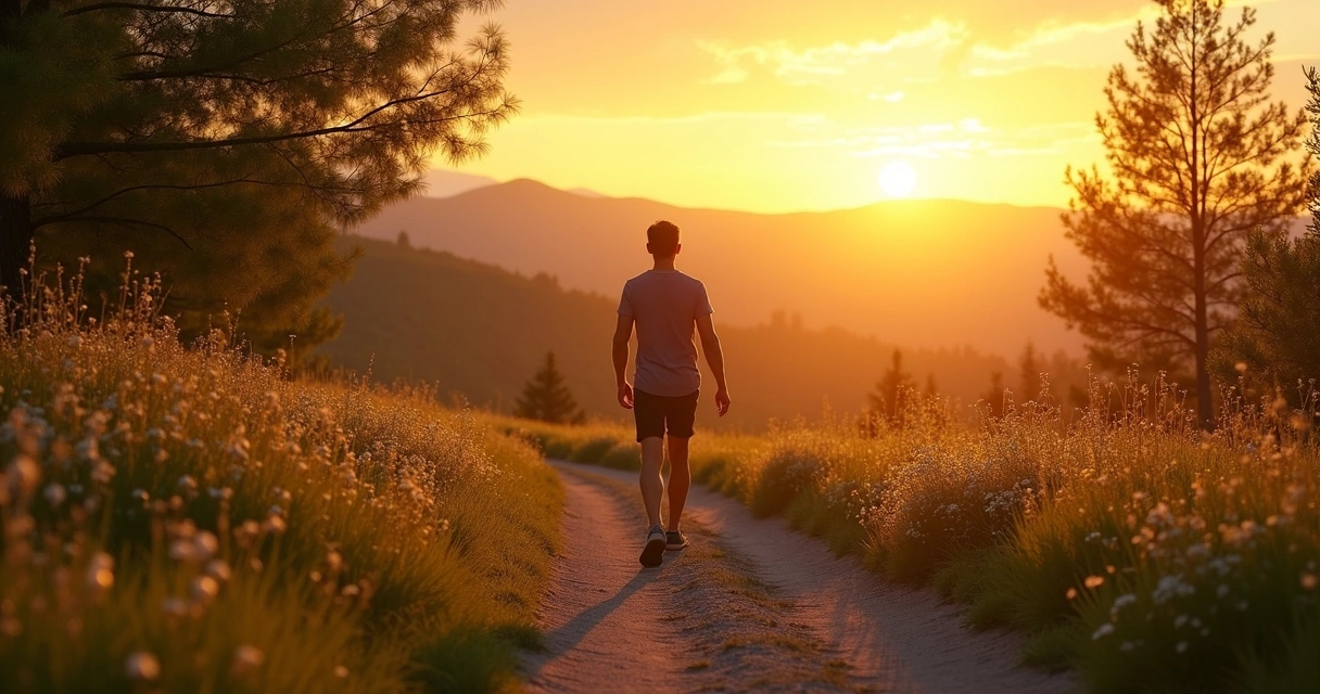 Pessoa caminhando em trilha ao nascer do sol, representação de transformação pessoal 