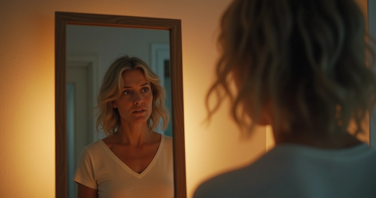 Pessoa adulta olhando para o próprio reflexo no espelho, refletindo, com expressão neutra