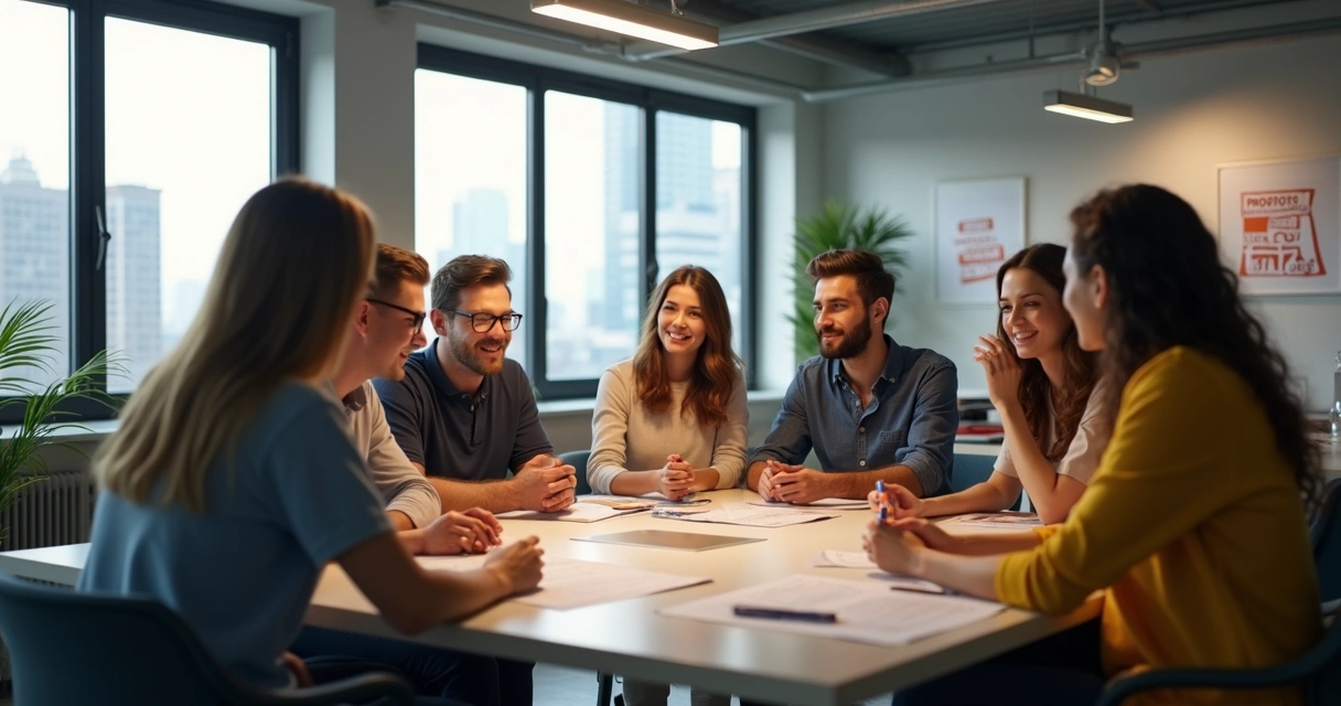 Grupos de pessoas se reunindo em ambiente de trabalho para discutir ideias alinhadas a valores e propósito 