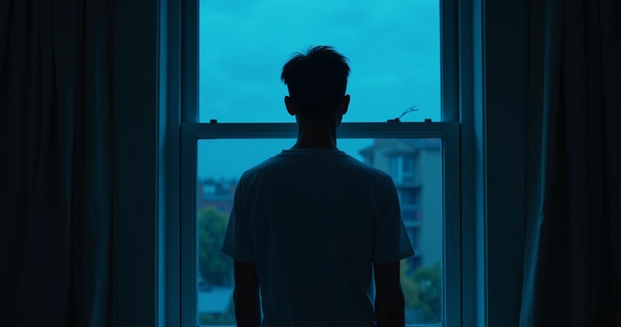 Pessoa adulta olhando para seu reflexo em uma janela à noite, ambiente tranquilo, tom azulado, expressão de busca interior. 