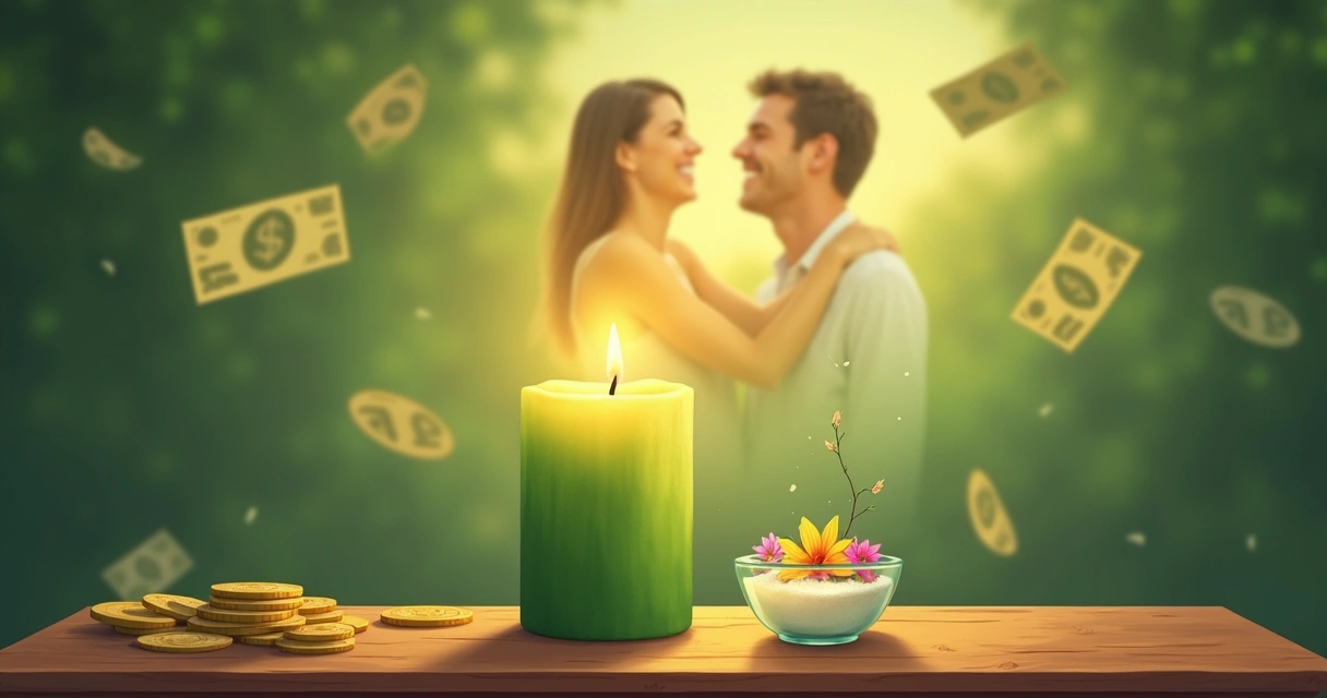 Ilustração de transformação pessoal com vela verde, flores e açúcar, simbolizando amor e abundância.