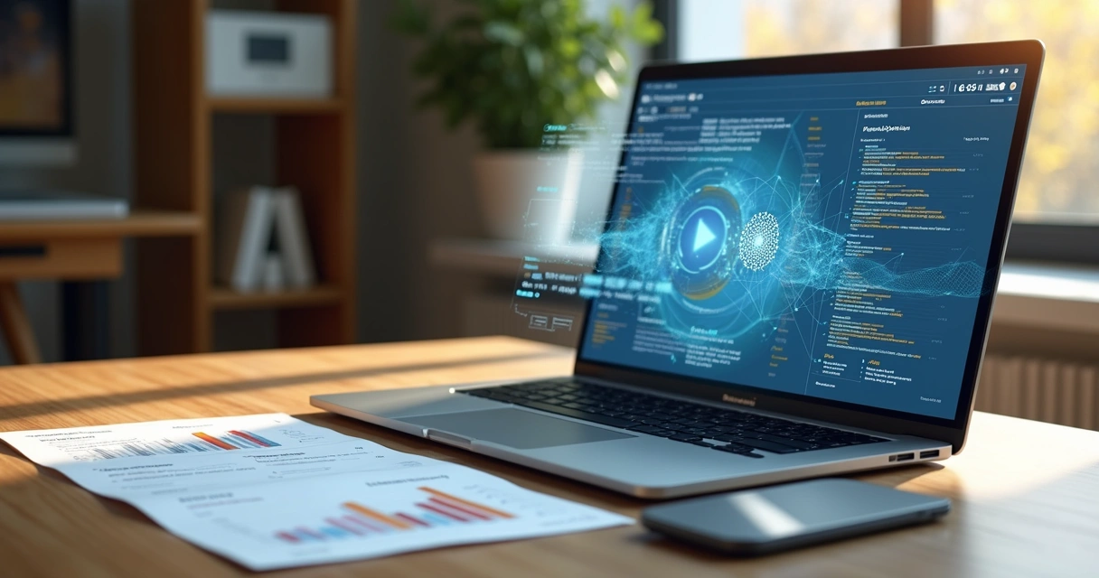 Transição de slides de PowerPoint para curso EAD em tela de notebook com recursos de IA 