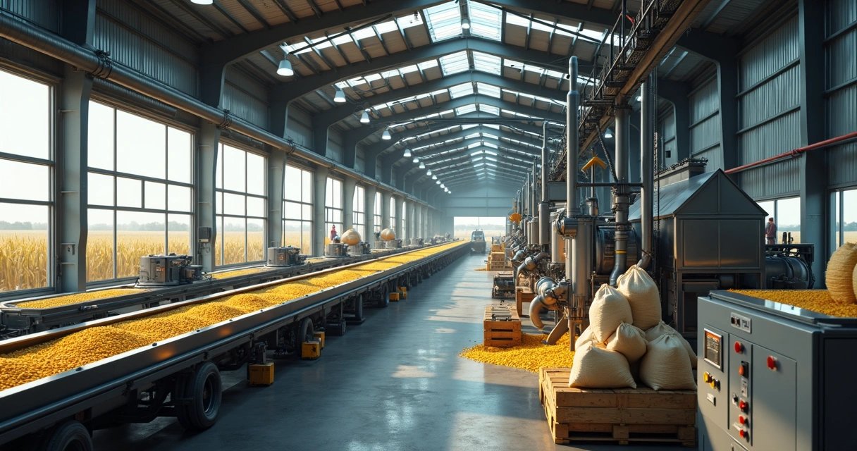 Fábrica processando grãos e embalando produtos agrícolas 