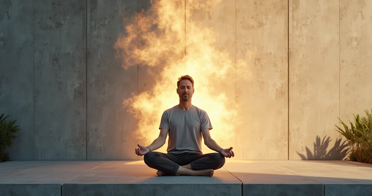 Pessoa em meditação com sombra turbulenta ao fundo se transformando em luz calma 