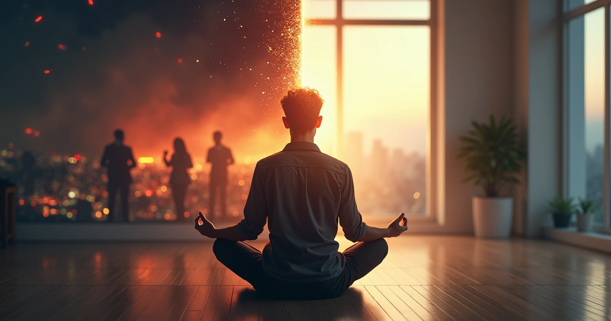 Pessoa sentada dividida entre explosão de caos e paisagem calma representando transformação da reatividade em presença consciente 