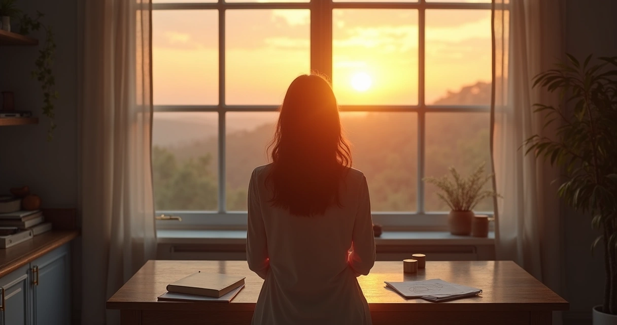 Pessoa observando horizonte ao amanhecer em momento de transformação 