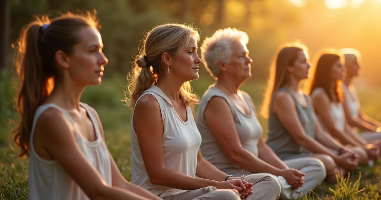 Personas de diferentes idades em postura de reflexão e serenidade, contraluz suave e cores quentes 