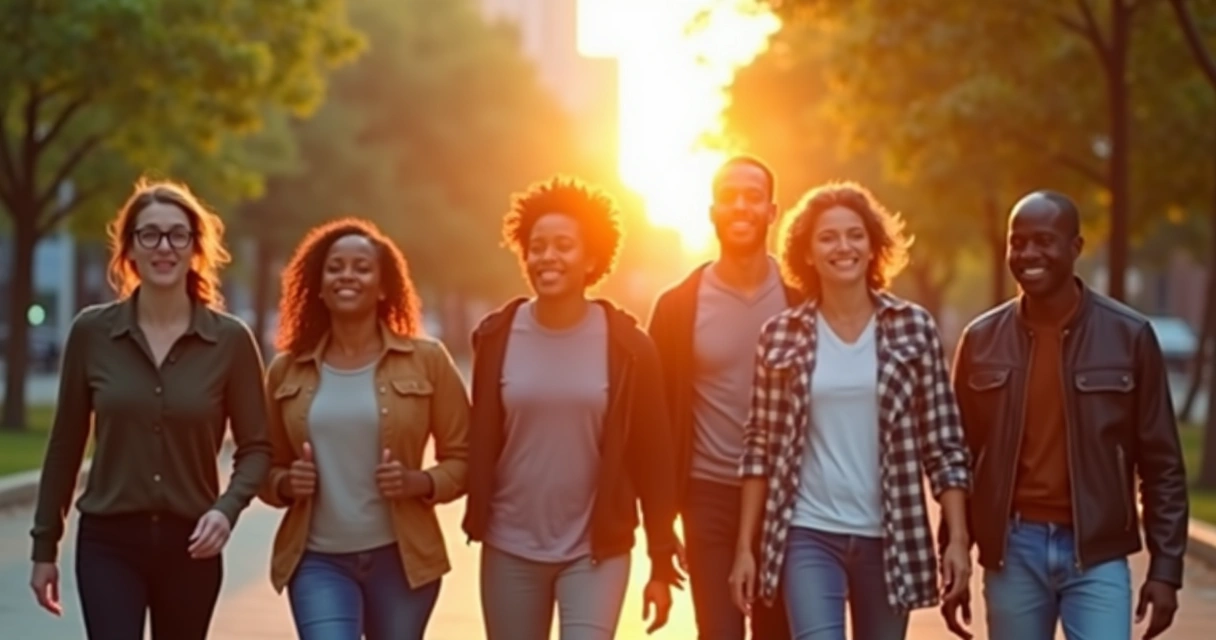 Grupo de pessoas caminhando unidas, atmosfera de transformação e energia positiva