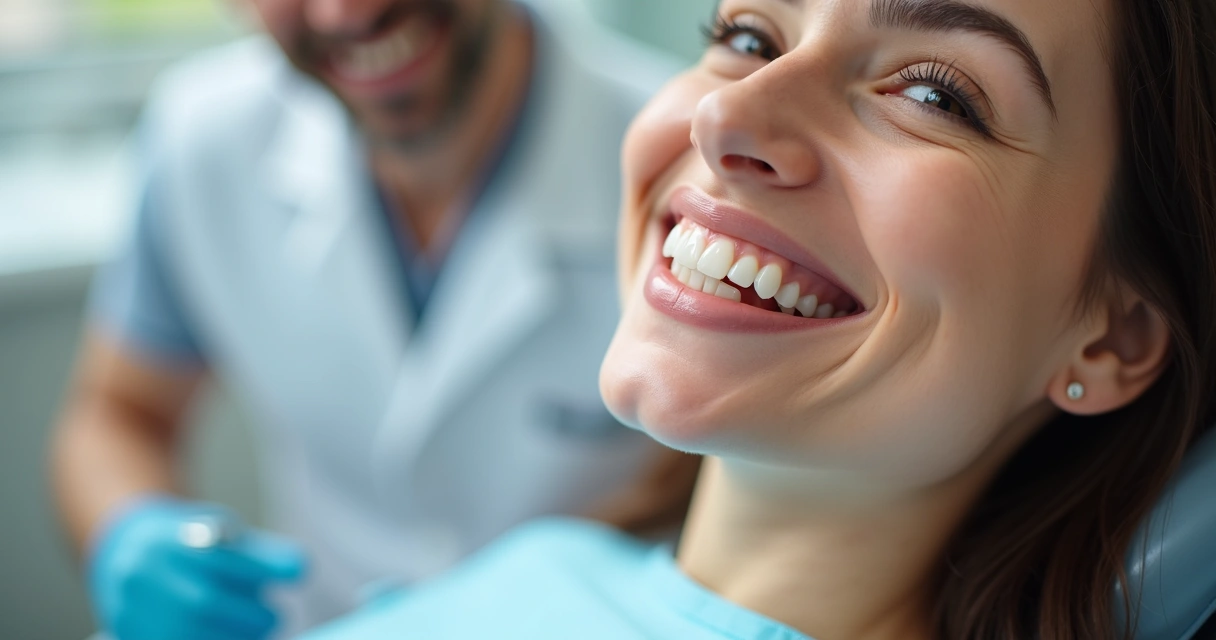 Paciente sorrindo após transformação odontológica 