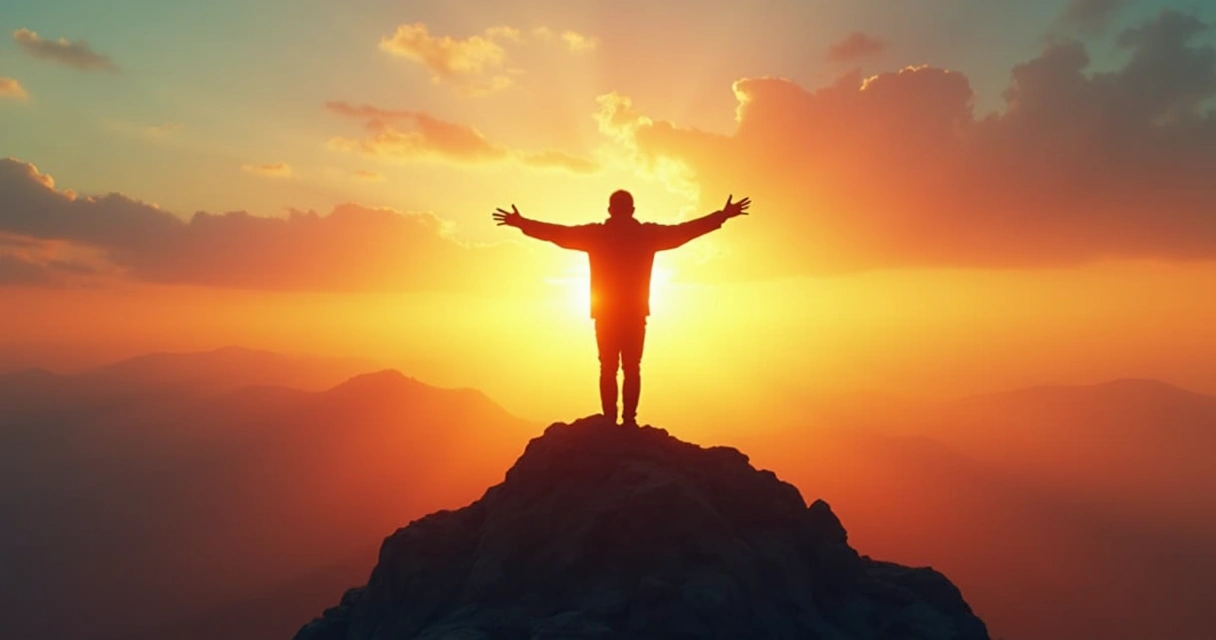 Pessoa chegando ao topo da montanha representando superação e transformação 