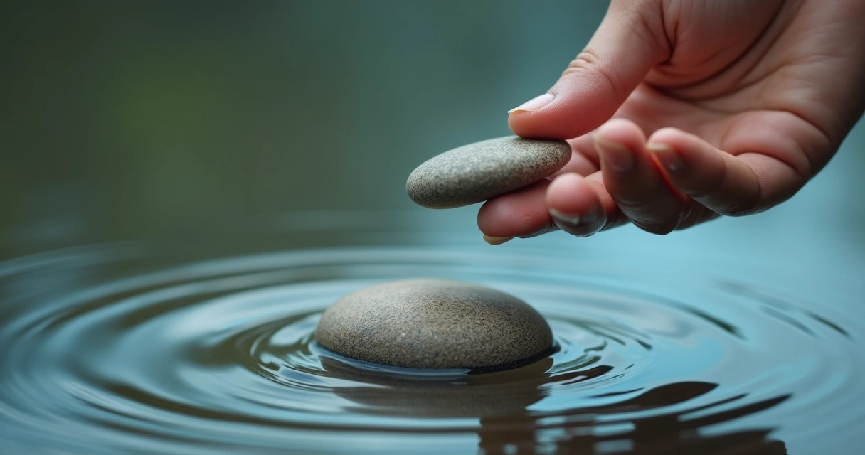 Mano dejando caer una piedra en agua creando ondas 