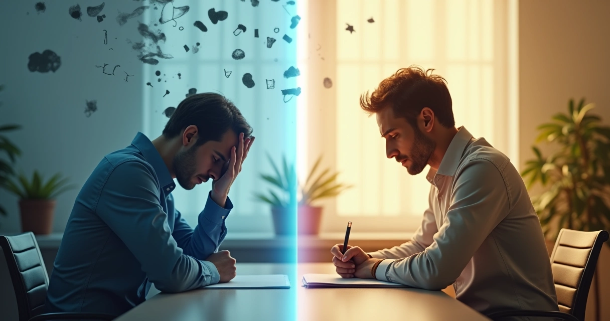 Persona dividida entre autocrítica dura y autocompasión tranquila 