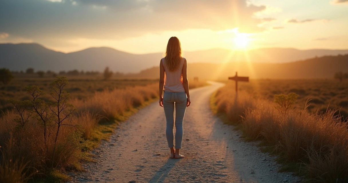Persona frente a dos caminos simbolizando la transformación del autosabotaje en decisiones constructivas 