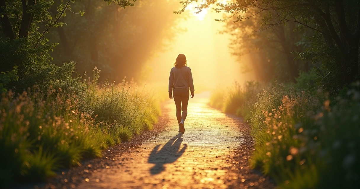 Persona avanzando en un camino iluminado, dejando atrás sombras