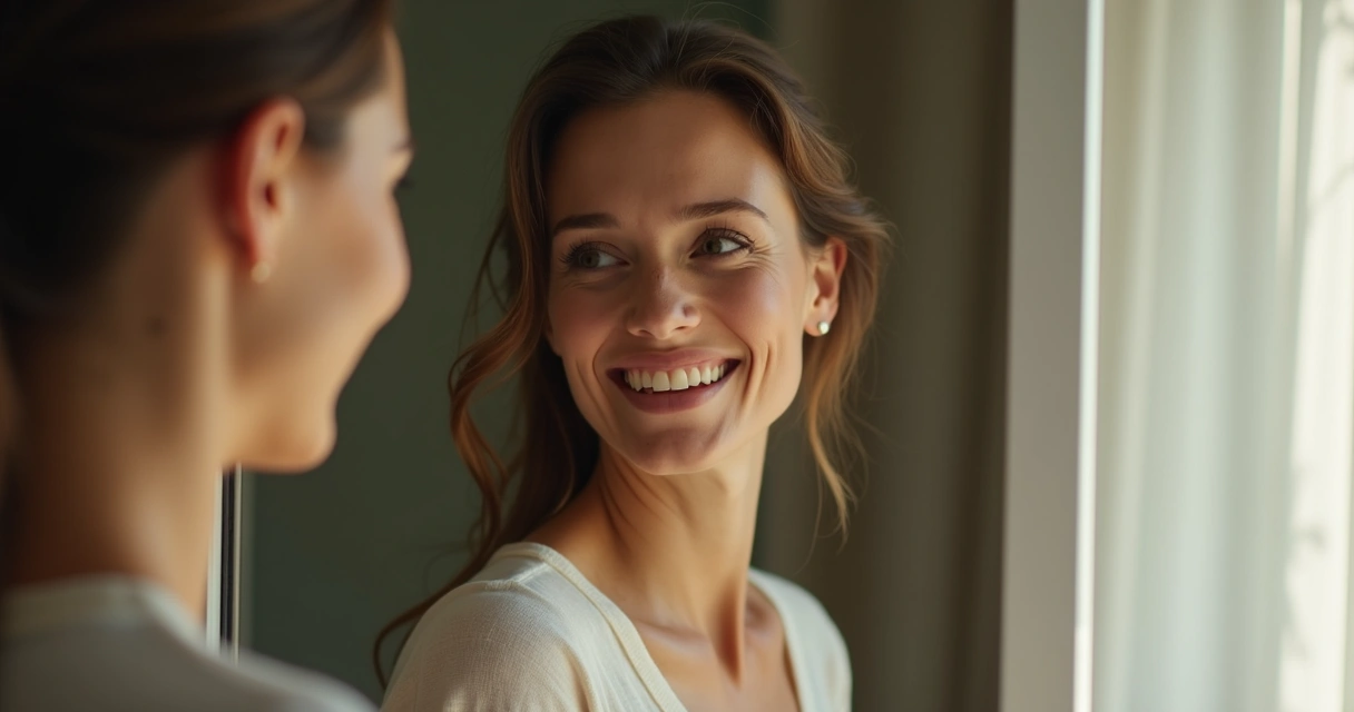 Mujer adulta frente a espejo reflejando crecimiento personal 