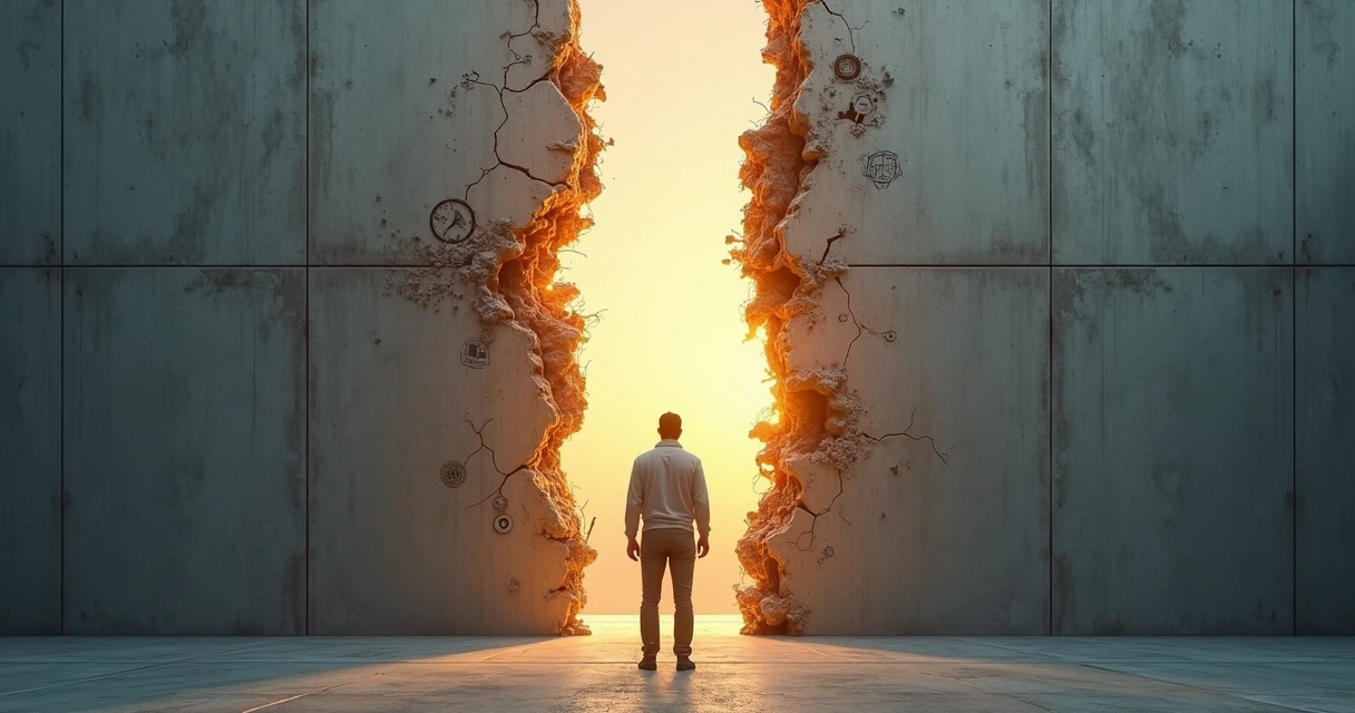 Persona frente a muro agrietado con símbolos de creencias rompiéndose 