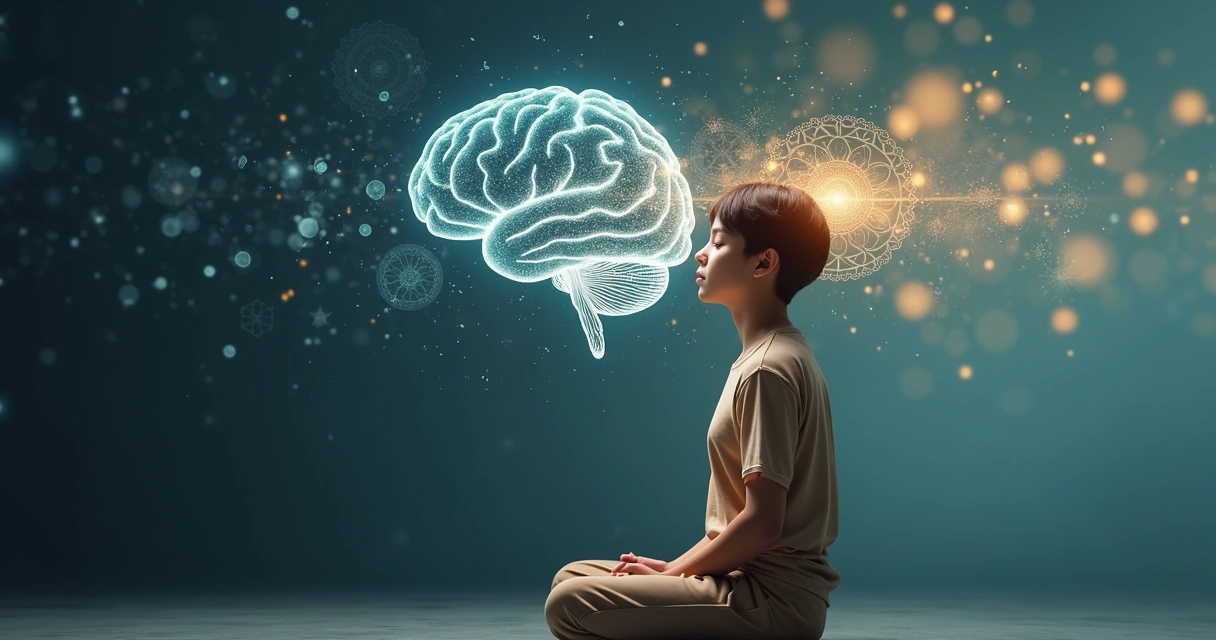 Persona con los ojos cerrados transformando patrones mentales negativos en positivos 