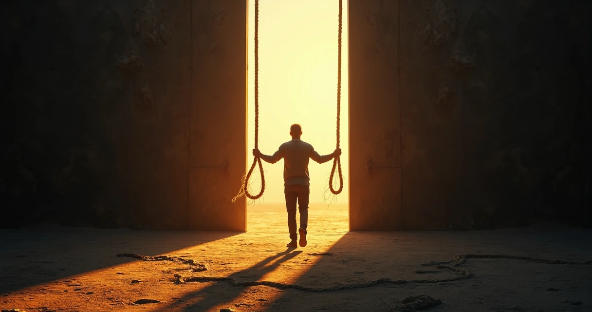 Persona soltando una cuerda mientras avanza hacia la luz 