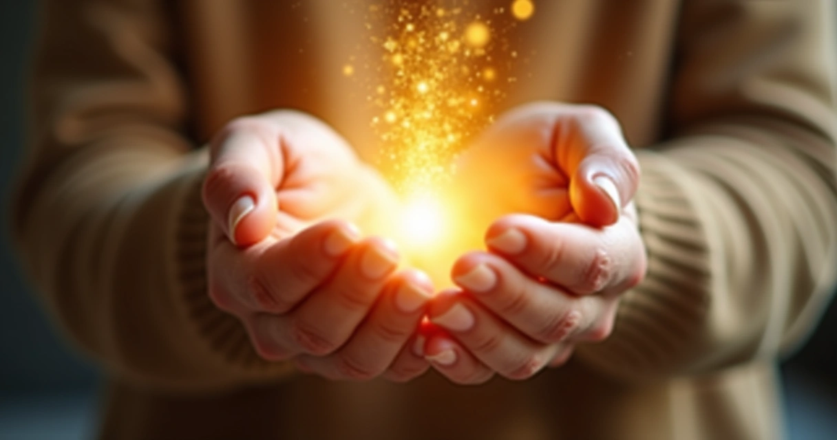 Manos abiertas formando un gesto de transformación y luz que emerge entre ellas 