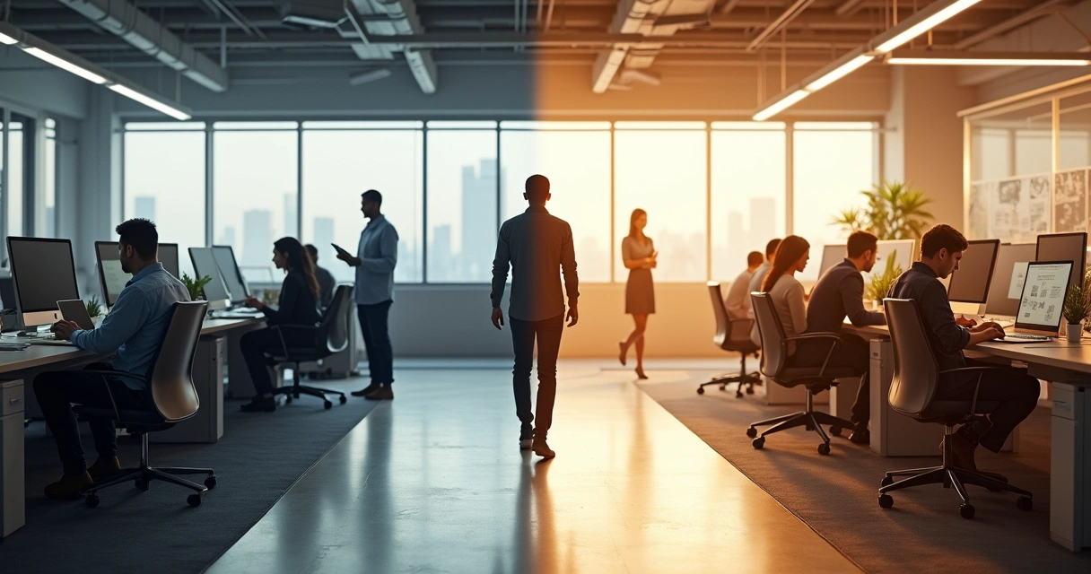 Trabajador caminando de un área tensa de oficina hacia un espacio laboral armónico 