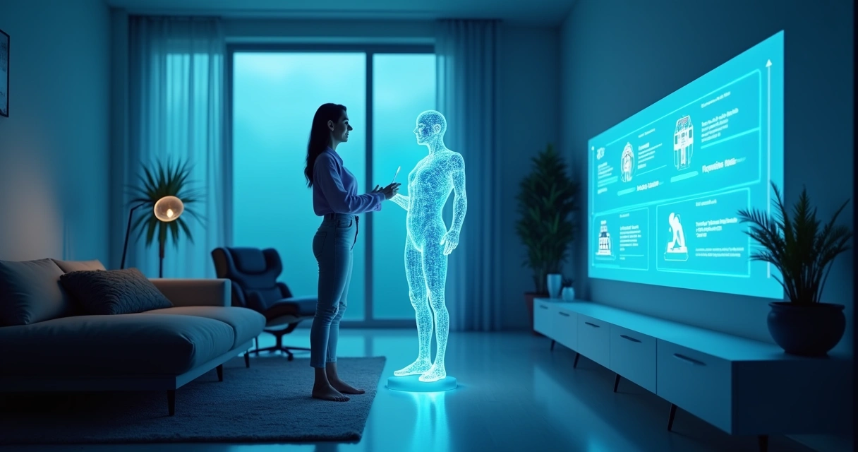 Assistente virtual holográfico em sala moderna com mulher interagindo e gráficos sobre impacto da IA.
