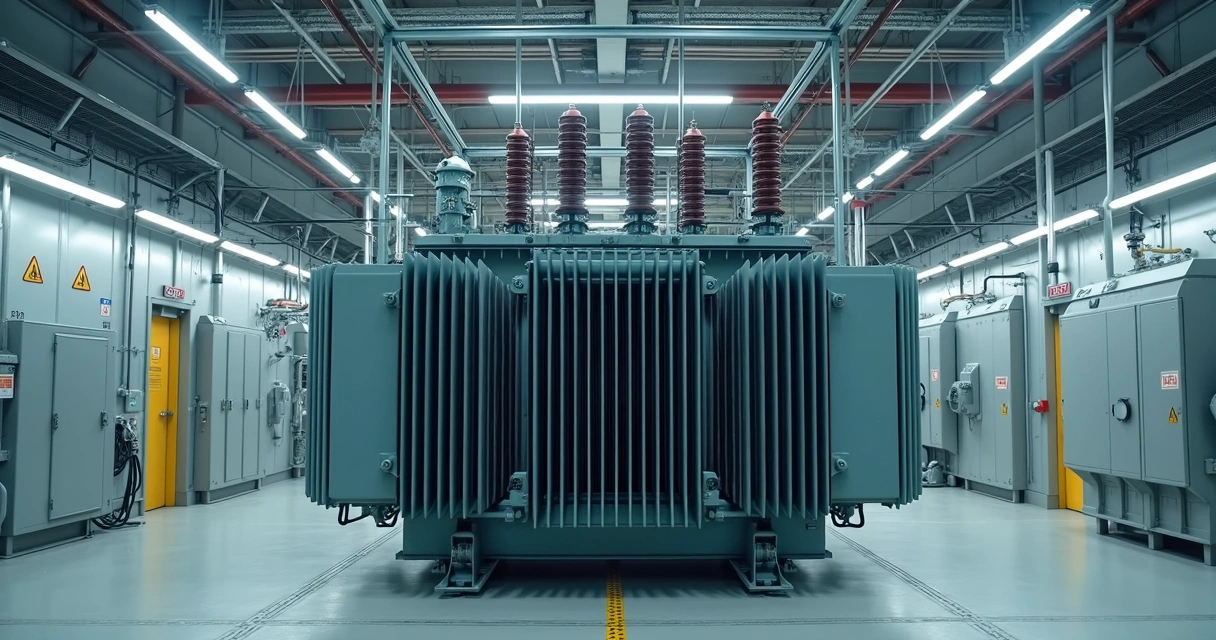 Transformador em subestação industrial com cabos e painéis de proteção 
