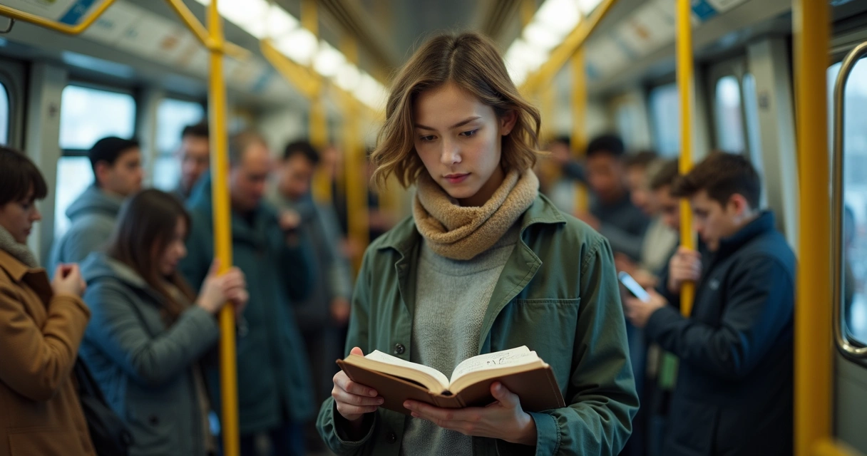 Pessoa em metrô lotado olhando para caderno de anotações com calma 