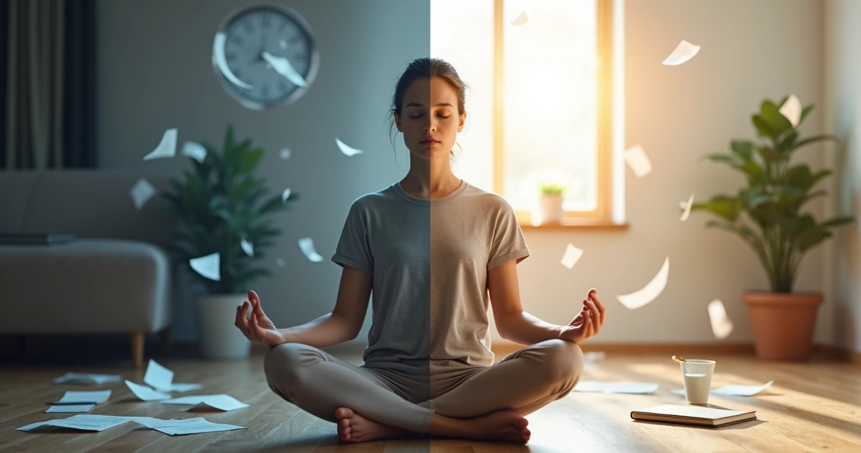 Pessoa sentada em posição de meditação com metade do fundo caótico e metade sereno 