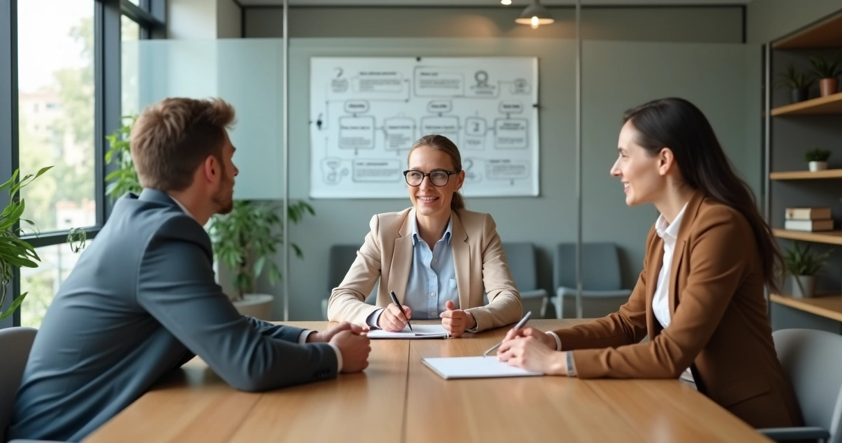 Duas pessoas em diálogo calmo com um mediador em ambiente de escritório moderno 