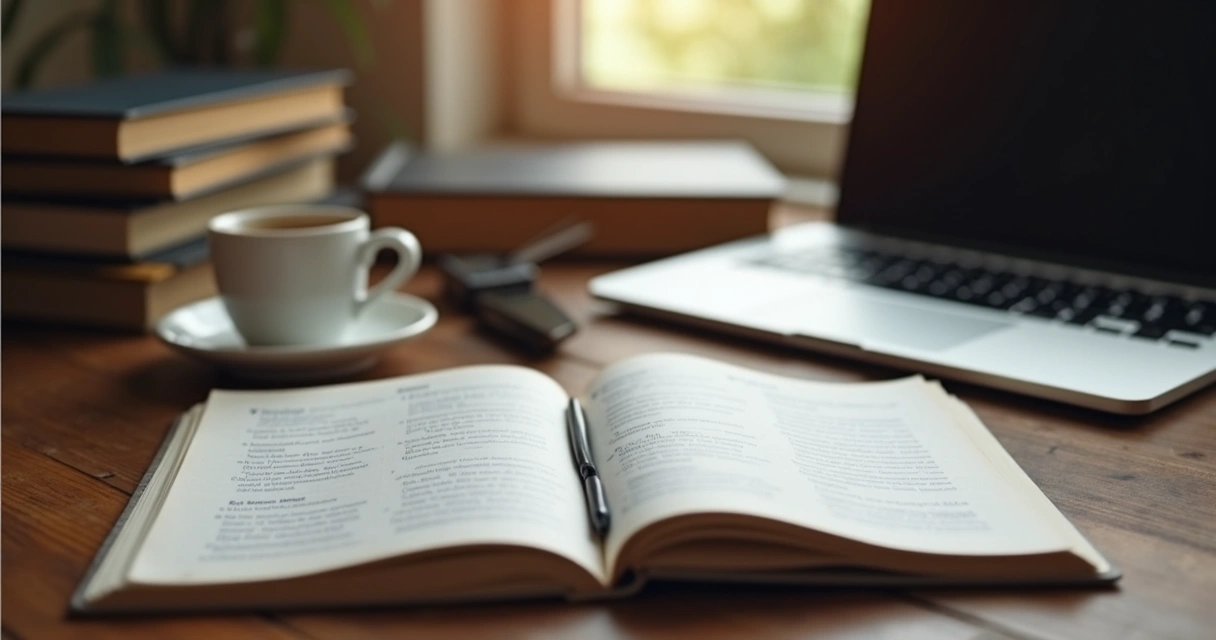 Mesa de trabalho com caderno, café e notebook, ilustrando transformação de conhecimento em renda 