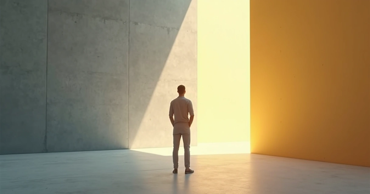 Pessoa refletindo em pé diante de duas áreas de luz e sombra, representando a transformação da culpa em responsabilidade consciente 