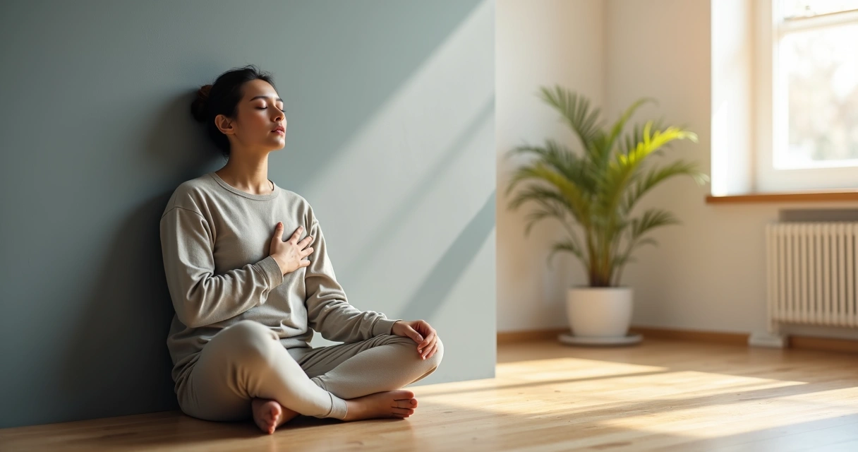 Persona sentada en calma con una silueta oscura detrás simbolizando la culpa 