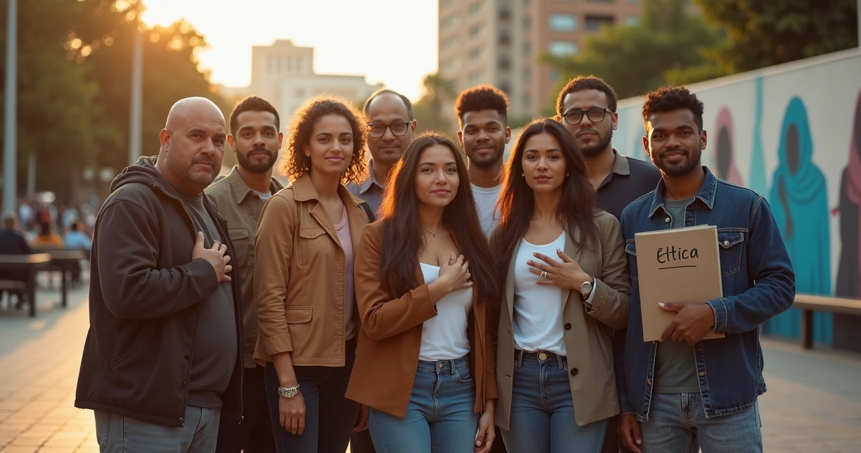 Grupo diverso de personas unidas transformando culpa en acción ética 