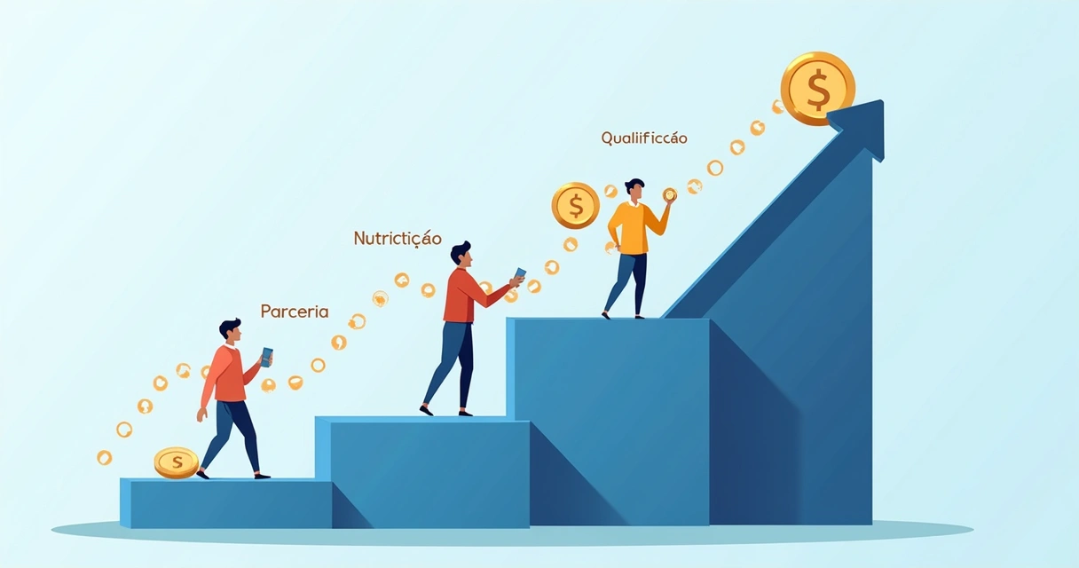 Jornada visual de transformação de leads em vendas B2B com gráfico crescente 