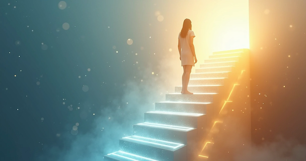 Persona en una escalera de luz pasando del miedo a la responsabilidad activa 