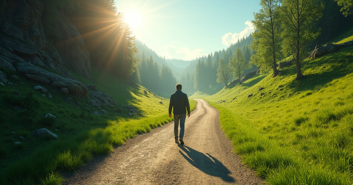A person walking on a winding path through changing scenery, symbolizing personal transformation 