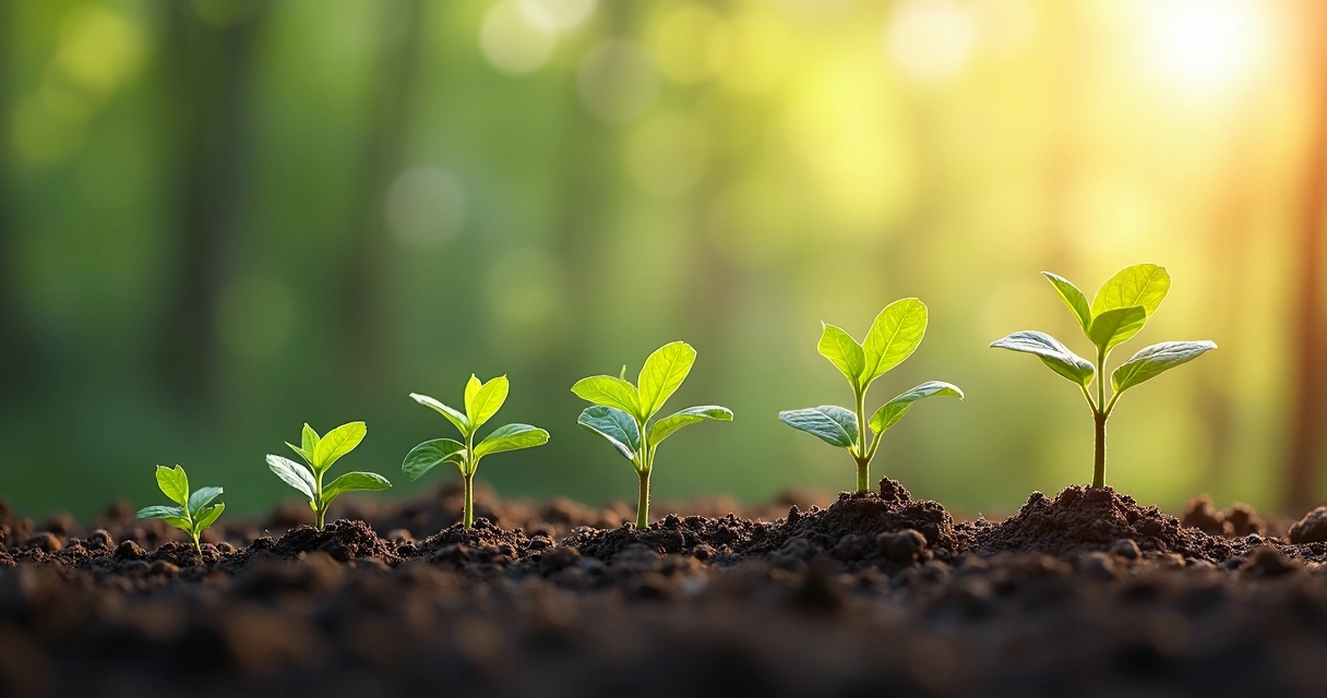 Sequence of small growing plants in sunlight symbolizing gradual transformation.