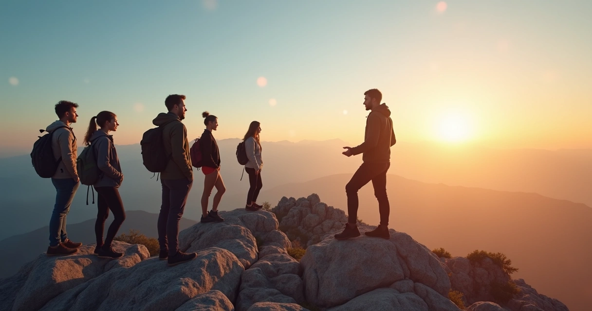 Diverse leader guiding a small team on a mountain peak at sunrise 