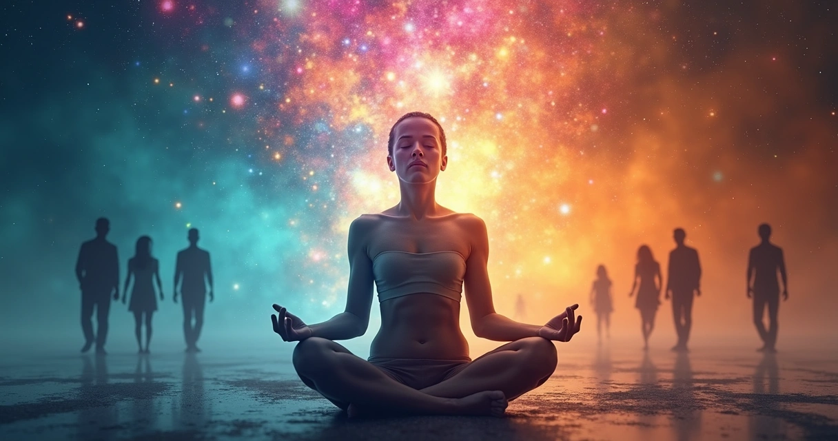 Meditator with shifting emotions represented by colorful auras exploring self-discovery and transformation 