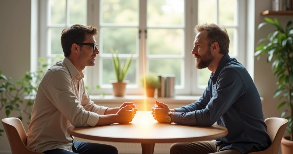 Two people in conversation with a bridge of light connecting them 
