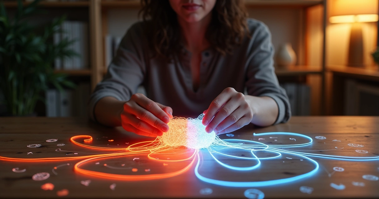 Person calmly untangling glowing threads representing reactive patterns 