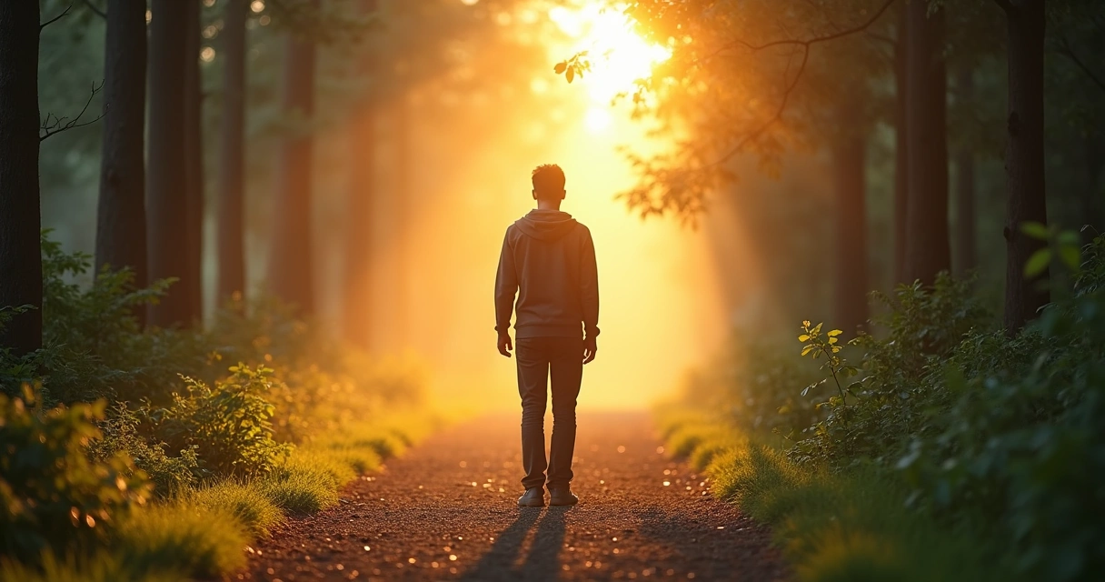 Person on a path from darkness to light symbolizing transforming regret 